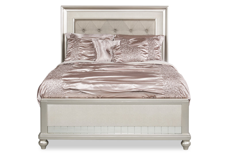 Diva Panel Bed with Headboard & Frame, Glam, Vegan Leather, Silver - Queen Size