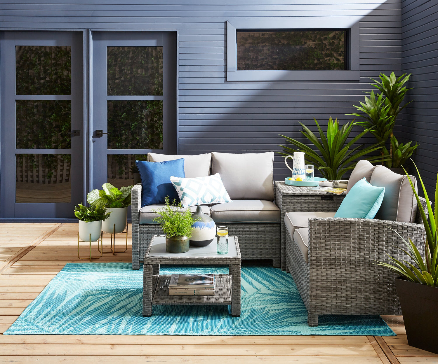 Dominica 4-Piece Outdoor Patio Set with Loveseats, Storage End Table Glass Top Coffee Table Hand-Woven Resin Wicker, UV Weather Resistant