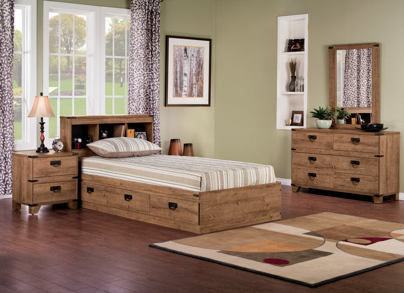 Driftwood Mates Bed 6pc Set with Storage Headboard, Dresser, Mirror & Nightstand, Brown - Full Size