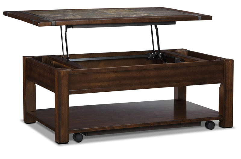 Roanoke Coffee Table with Lift-Top and Casters - Rustic style Coffee Table in Cherry Wood/Stone