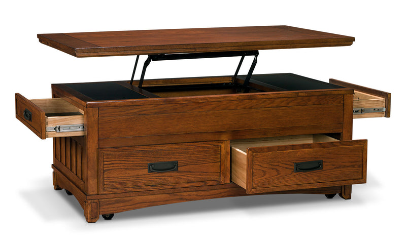 Cross Island Coffee Table with Lift Top and Casters - Brown Oak