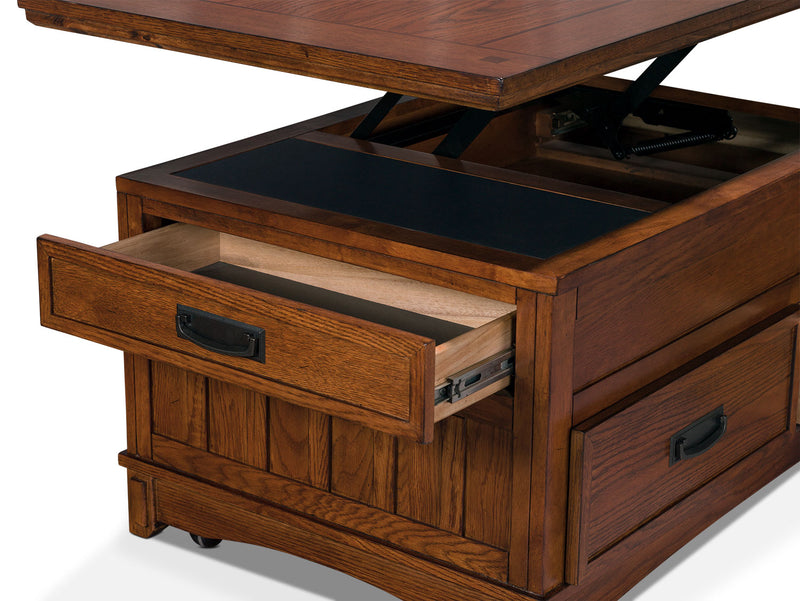 Cross Island Coffee Table with Lift Top and Casters - Brown Oak