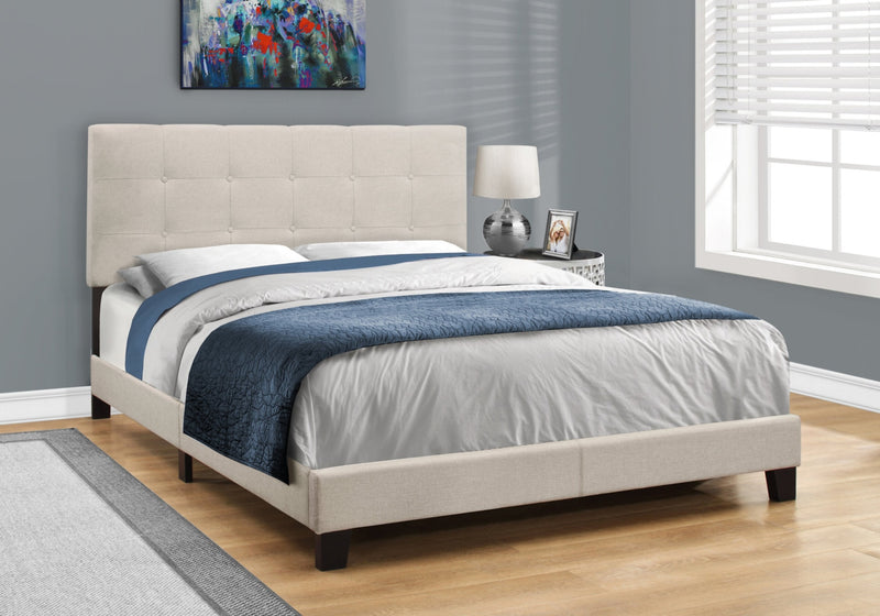 Tara Upholstered Bed in Beige Linen-Look Fabric, Button Tufted - Queen Size