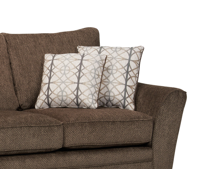 Made in Canada Febe 100\" Chenille Fabric Sofa with Flared Arms and Accent Pillows - Brown