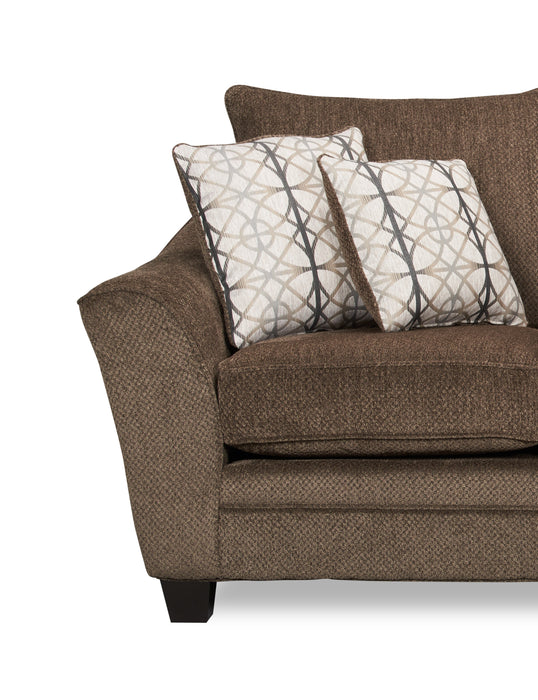 Made in Canada Febe 100\" Chenille Fabric Sofa with Flared Arms and Accent Pillows - Brown