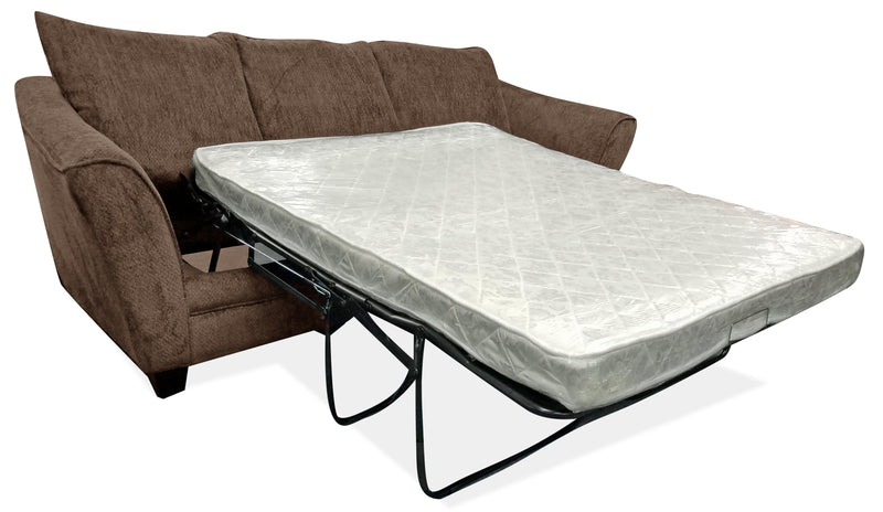 Made in Canada Febe 100\" Chenille Fabric Queen-Size Sofa Bed with Flared Arms and Accent Pillows - Brown