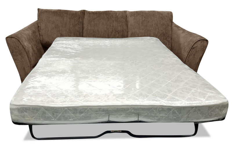 Made in Canada Febe 100\" Chenille Fabric Queen-Size Sofa Bed with Flared Arms and Accent Pillows - Brown