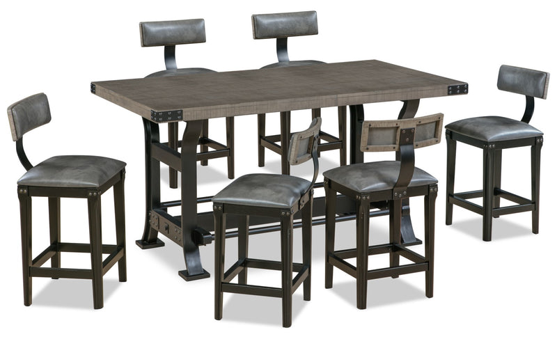 Ironworks 7-Piece Counter-Height Dining Package - Industrial style Dining Room Set in Grey Rubberwood Solids and Metal
