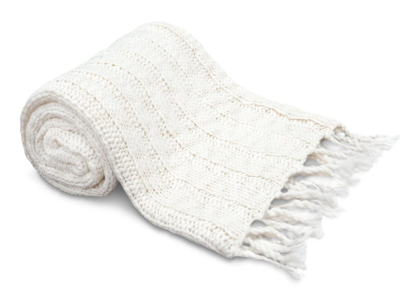 Knit Throw with Tassels – White - White Throw Blanket