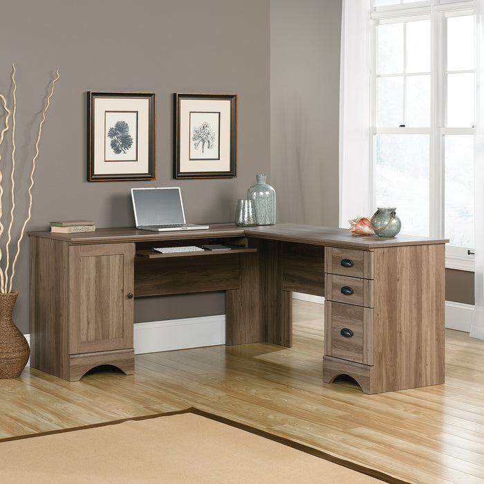 Harbor View 66.14\" L-Shaped Corner Office Desk with Keyboard Tray - Salt Oak