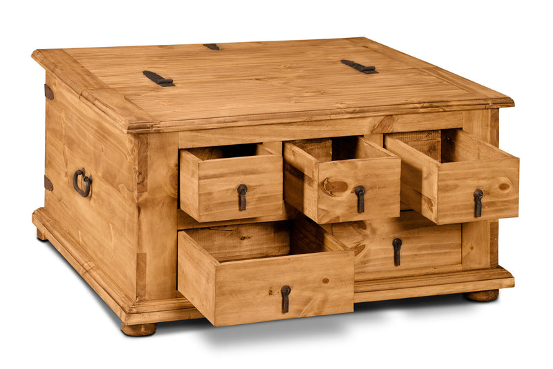 Santa Fe Rustico 35.5\" Rustic Square Coffee Table with Storage - Natural Pine with Trunk Style