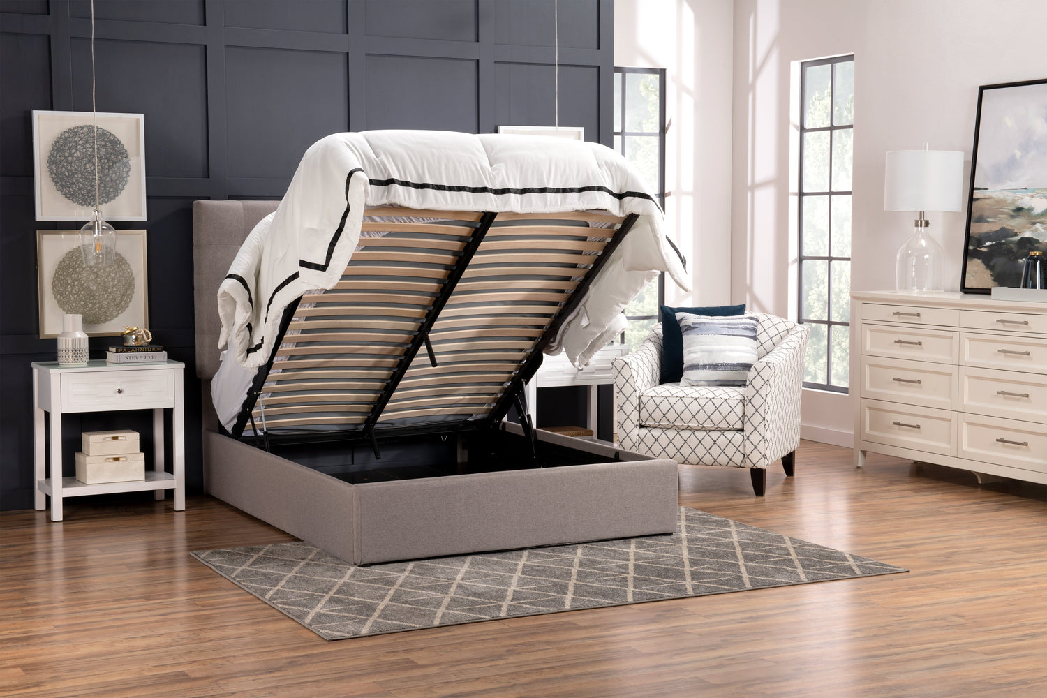 Jace Upholstered Storage Platform Bed in Taupe Fabric Tufted Queen Size