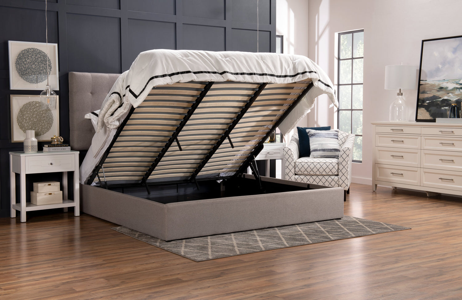 Jace Upholstered Storage Platform Bed in Taupe Fabric Tufted Kin. The Brick