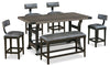 ["Ironworks 6pc Counter-Height Dining Set with Table, Bench & 4 Chairs, Metal, Trestle-Base, 72\"W - Grey"]