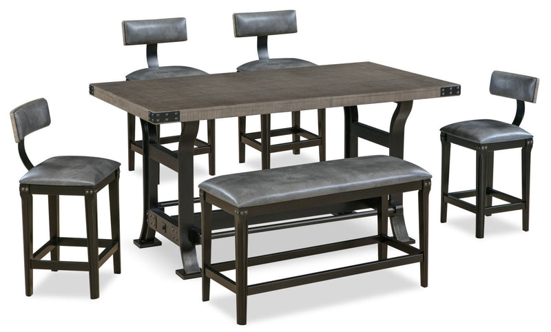 Ironworks 6pc Counter-Height Dining Set with Table, Bench & 4 Chairs, Metal, Trestle-Base, 72\"W - Grey