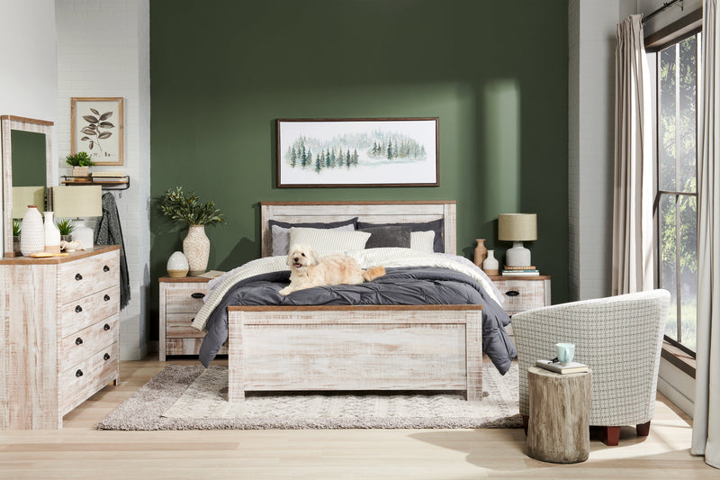 Kaia 6pc Bedroom Set with Panel Bed, Dresser, Mirror & Nightstand, Whitewash - Queen Size