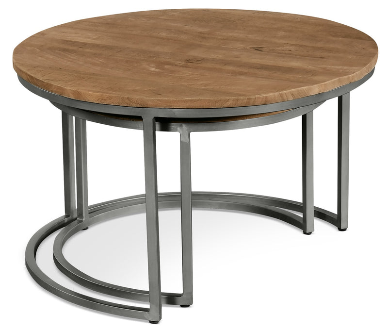 Veranasi 30\" Rustic Round Nesting Coffee Tables - Washed Light Brown Wood Top and Iron Legs