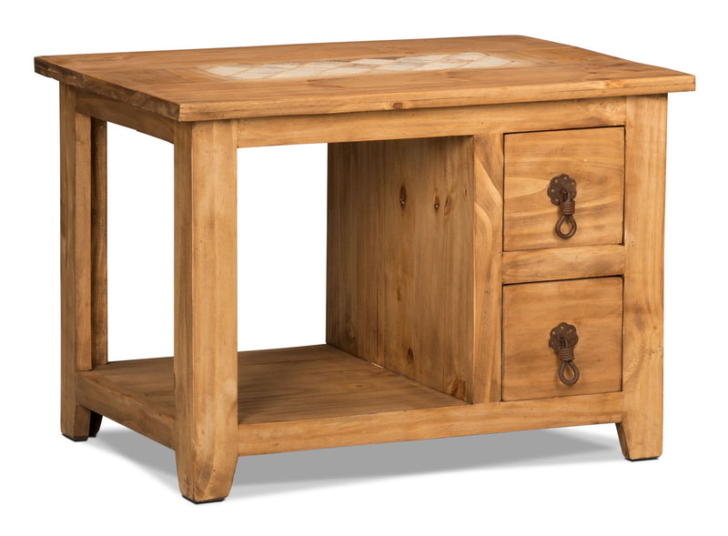 Santa Fe Rustico 27.5\" Rustic End Table with Storage and Shelf - Natural Pine with Marble Inset