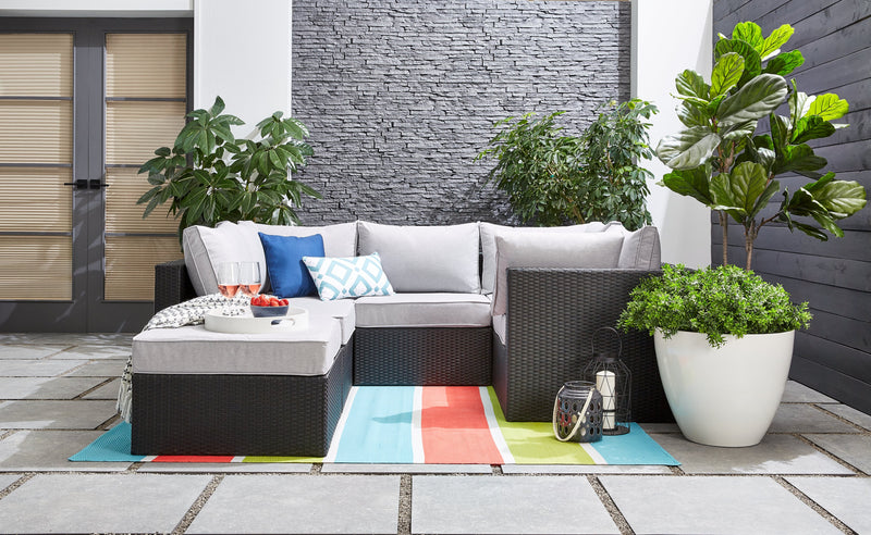 Minnesota 6-Piece Outdoor Patio Set with 3 Corner Chairs, 2 Armless Chairs & Ottoman - Hand-Woven Resin Wicker, Olefin Fabric, UV & Weather Resistant - Grey