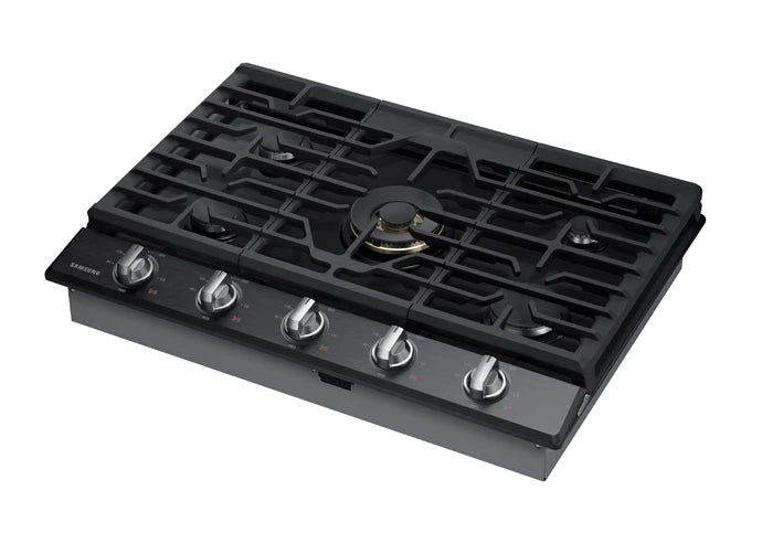 Samsung 36\" 5-Burner Smart Gas Cooktop with 22K BTU Dual Power Burner + Griddle & Wok Grate - Black Stainless Steel - NA36N7755TG/AA