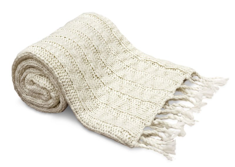 Knit Throw with Tassels – Ivory - Ivory Throw Blanket