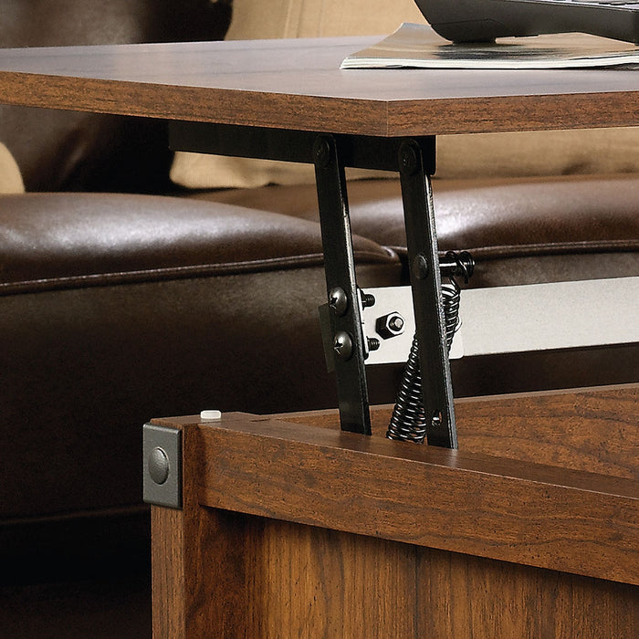 Carson 43.15\" Rustic Lift Top Coffee Table with Storage and Shelf - Cherry Wood with Metal Hardware