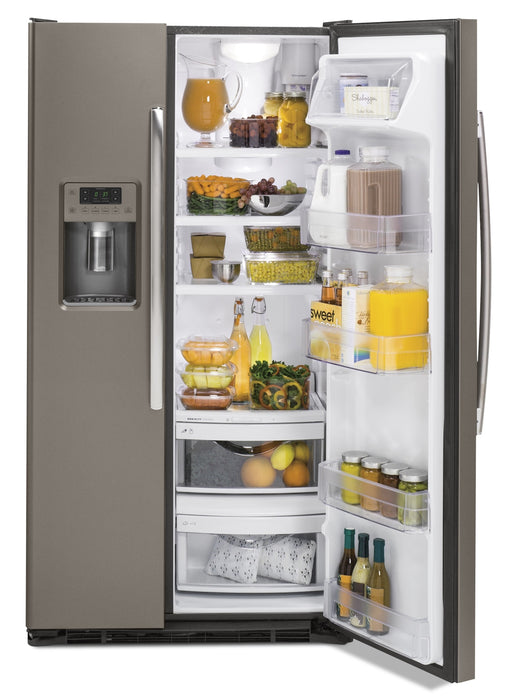 GE 21.9 Cu. Ft. Side-by-Side Refrigerator with Water and Ice Dispenser – Slate