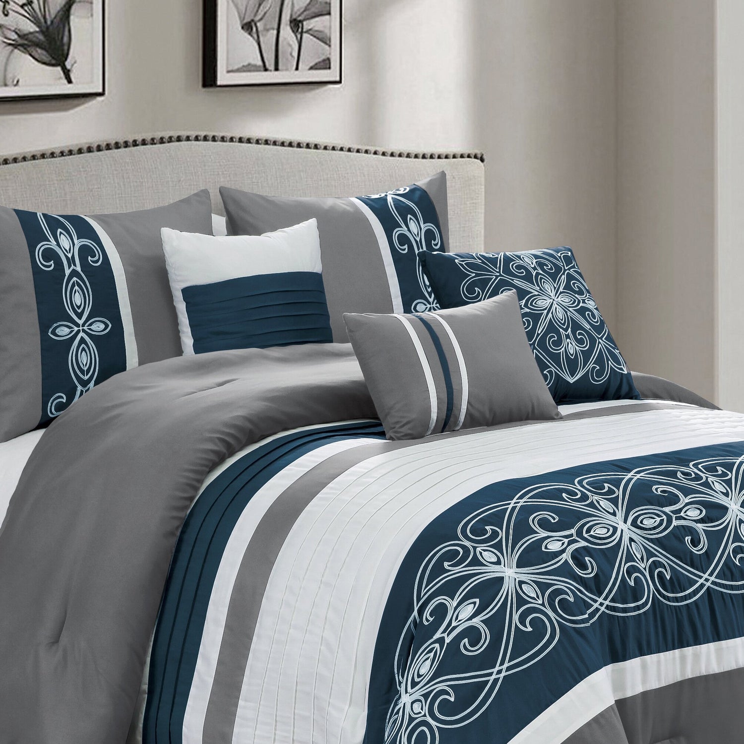 Ohio 7-Piece Queen Comforter Set Navy and Grey The Brick