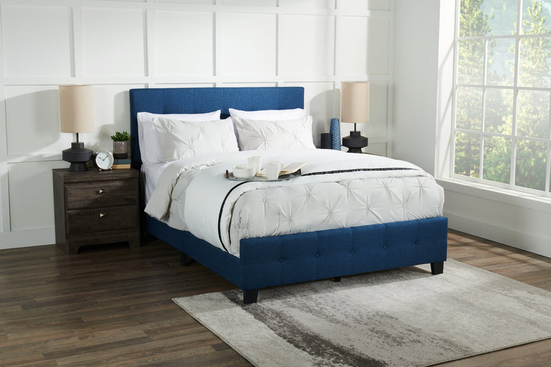 Page Upholstered Bed in Blue Linen-Look Fabric, Button Tufted - Queen Size