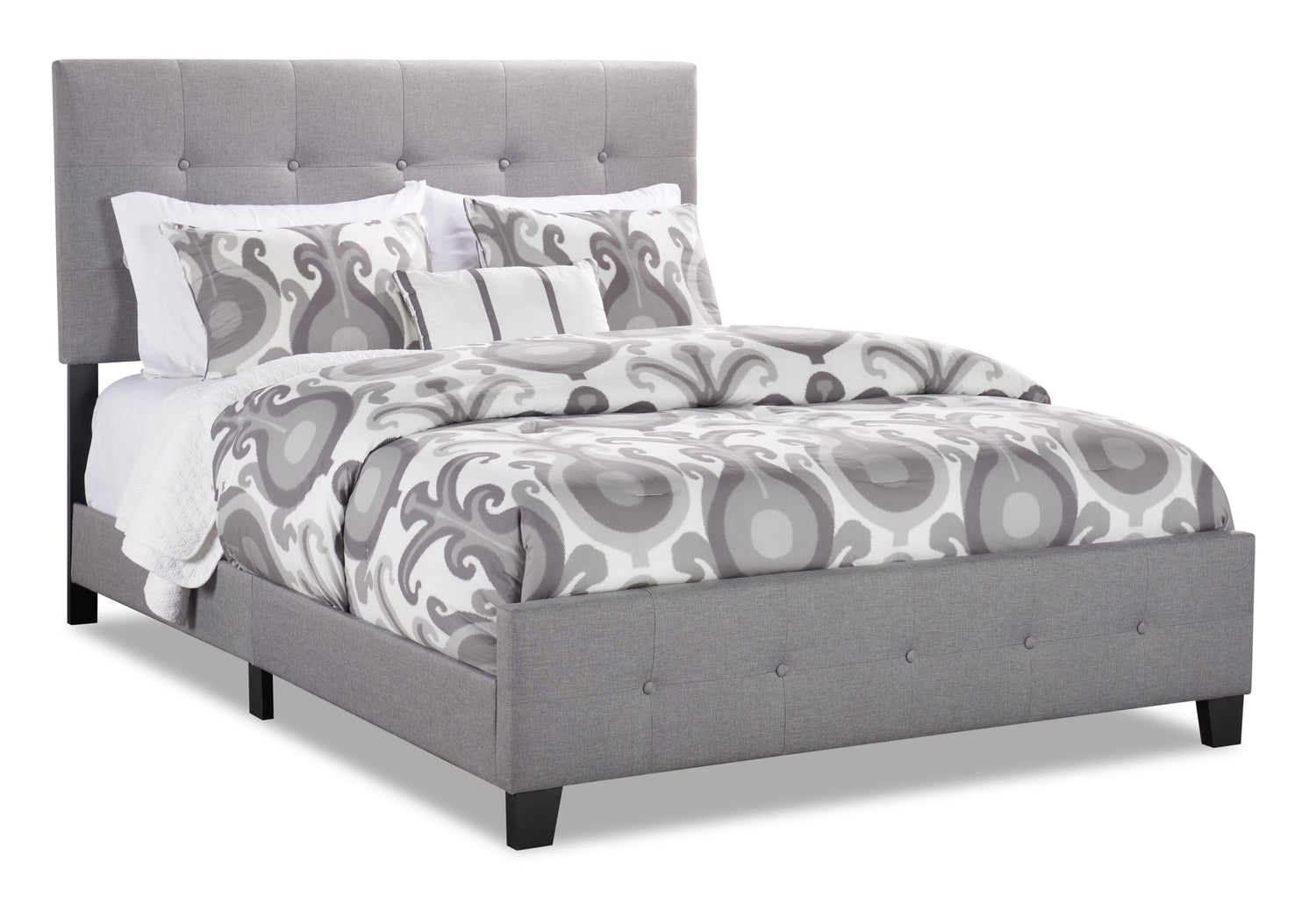 Page Upholstered Bed in Grey Linen-Look Fabric, Button Tufted