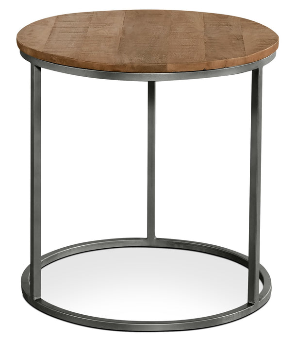 Veranasi 24\" Rustic Round End Table - Washed Light Brown Wood Top and Iron Legs