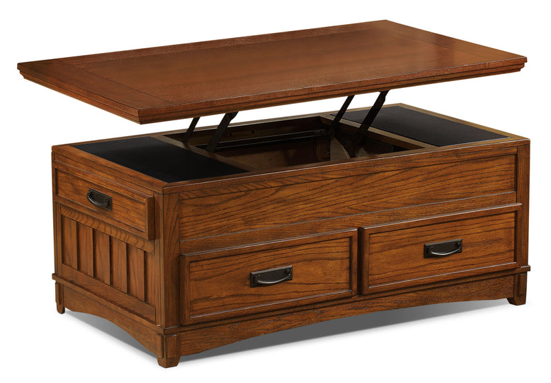 Cross Island Coffee Table with Lift Top and Casters - Brown Oak