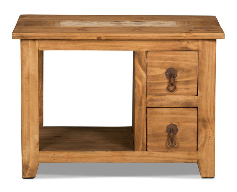 Santa Fe Rustico 27.5\" Rustic End Table with Storage and Shelf - Natural Pine with Marble Inset