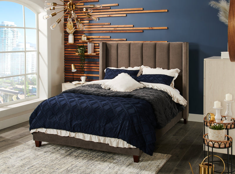 Reid Upholstered Wingback Bed in Grey Velvet Fabric, Tufted - Queen Size