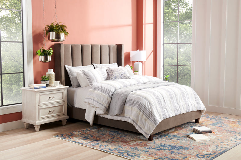 Reid Upholstered Wingback Bed in Grey Velvet Fabric, Tufted - Queen Size
