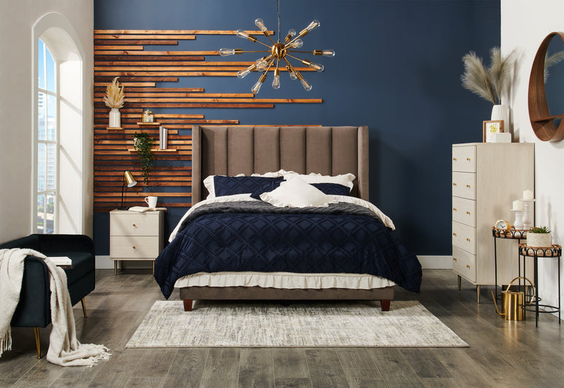 Reid Upholstered Wingback Bed in Grey Velvet Fabric, Tufted - Queen Size