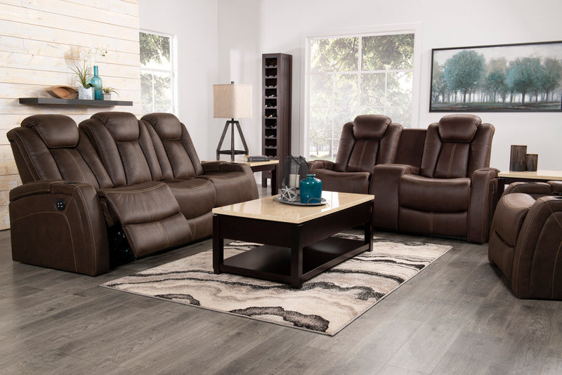 Ross 83\" Faux Suede Fabric Power Reclining Sofa with Power Headrests and Fold-Down Console - Chocolate Brown