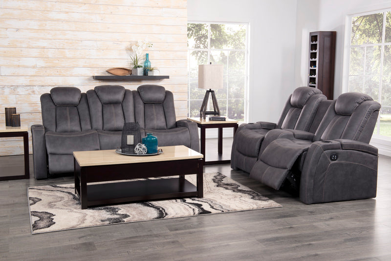 Ross 72.5\" Faux Suede Fabric Power Reclining Loveseat with Power Headrests and Storage Console - Pewter Grey