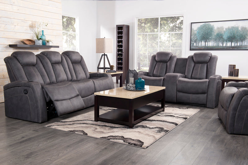 Ross 72.5\" Faux Suede Fabric Power Reclining Loveseat with Power Headrests and Storage Console - Pewter Grey
