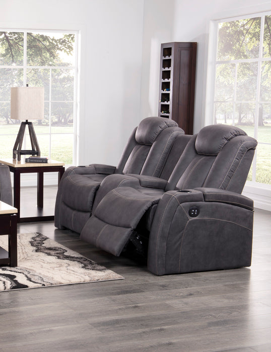 Ross 72.5\" Faux Suede Fabric Power Reclining Loveseat with Power Headrests and Storage Console - Pewter Grey