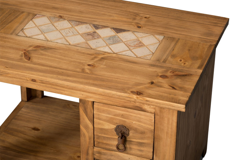 Santa Fe Rustico 27.5\" Rustic End Table with Storage and Shelf - Natural Pine with Marble Inset