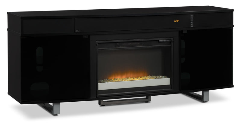 Odesos 72" TV Stand with Glass Ember Firebox and Soundbar – Black - Modern style TV Stand with Fireplace in Black