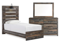 Abby 5pc Bedroom Set with Panel Bed, Dresser & Mirror for Kids, LED, USB, Brown - Twin Size 