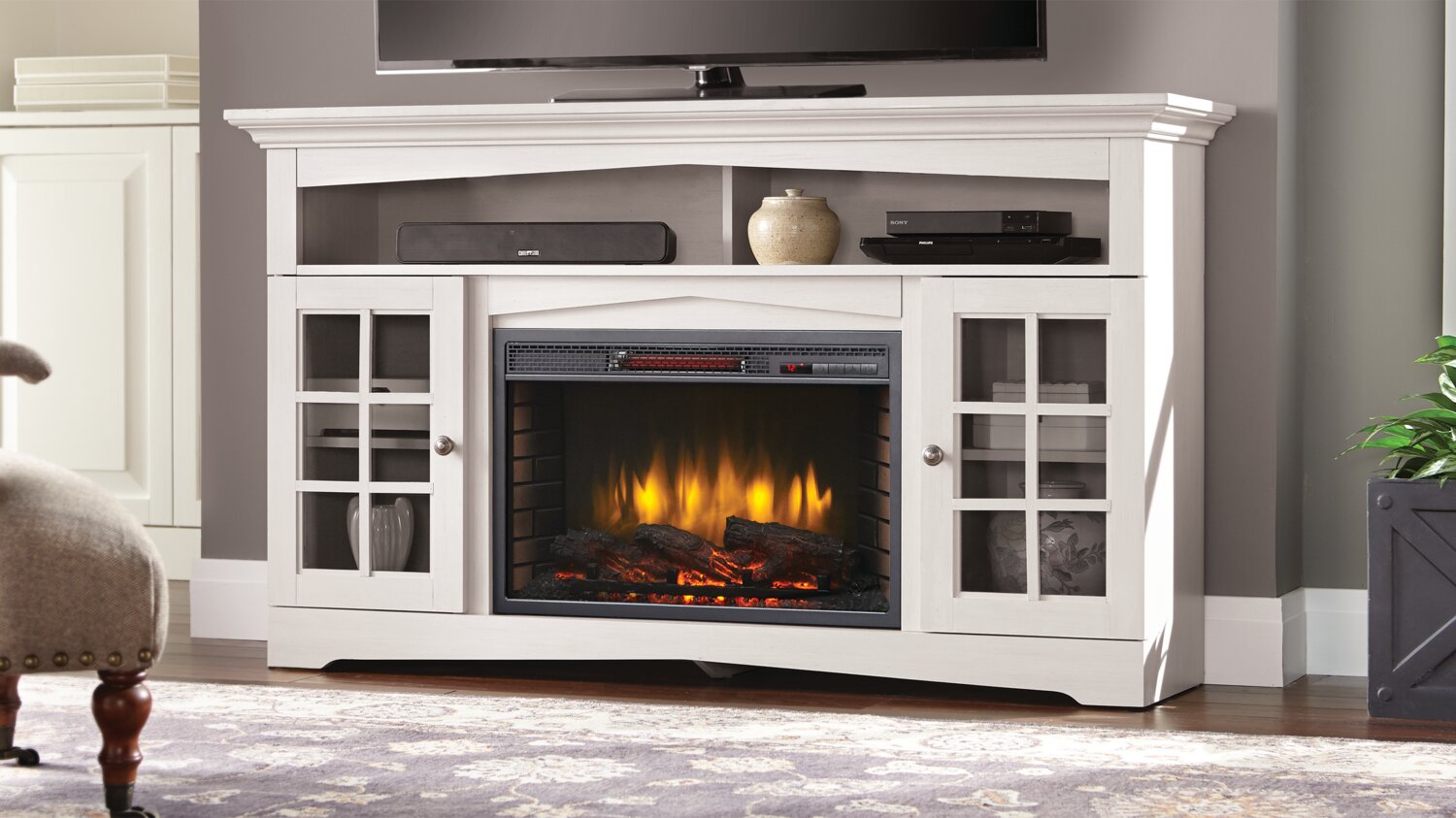 HAPPYGRILL Electric Fireplace TV Stand For Up To 55" TVs - 48" Media Console With Heater, Remote, Storage