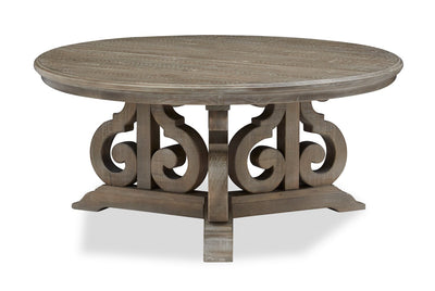 Tinley Park 40" Traditional Round Coffee Table - Grey-Brown Pine with Scroll Design Base|Table à café ronde traditionnelle Tinley Park de 40 po - pin gris-brun avec base à volutes