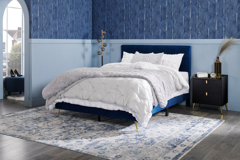 Gabi Upholstered Bed in Blue Velvet Fabric with Gold Finish Legs, Button Tufted - Queen Size