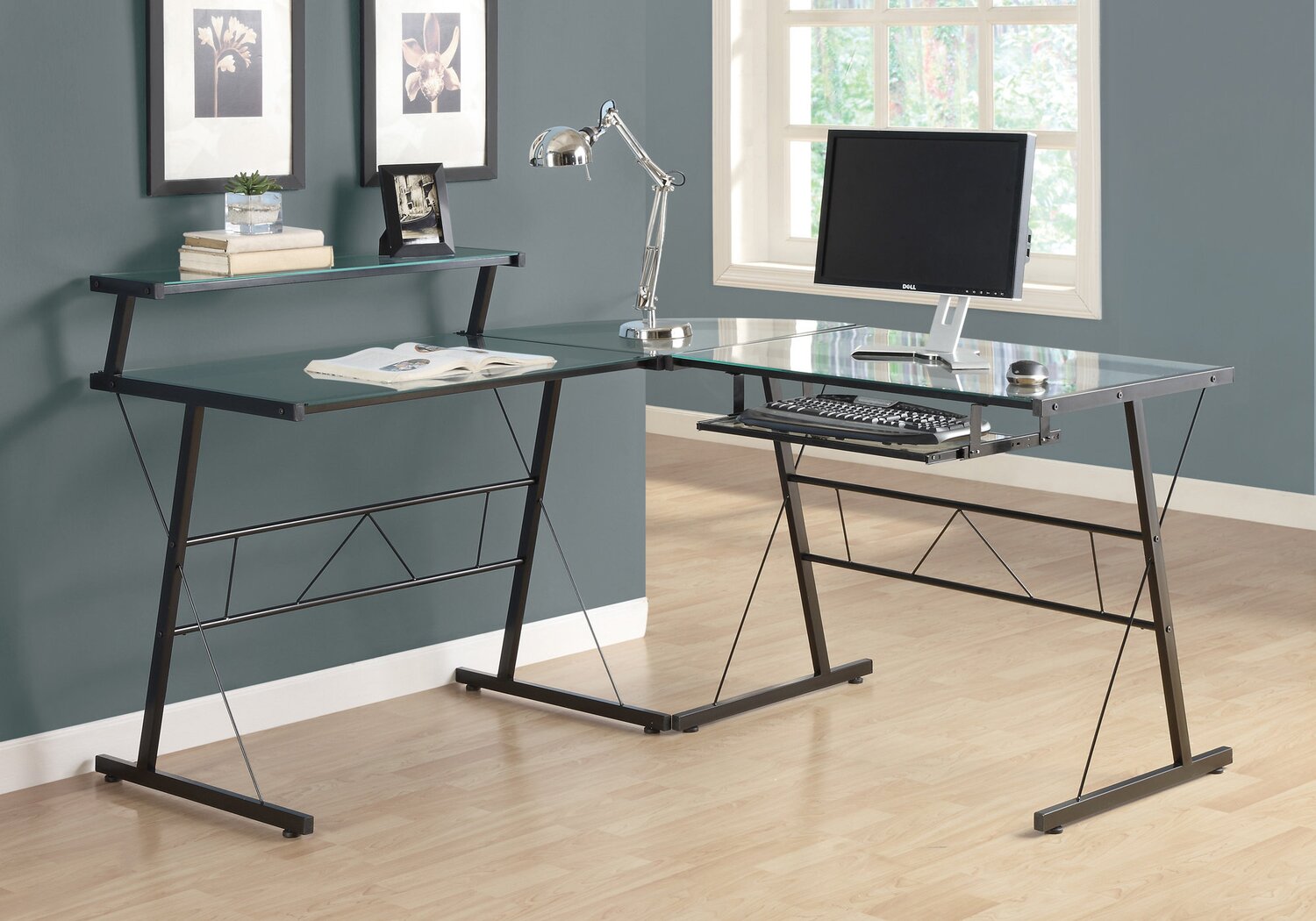 Glass l shaped computer desk discount