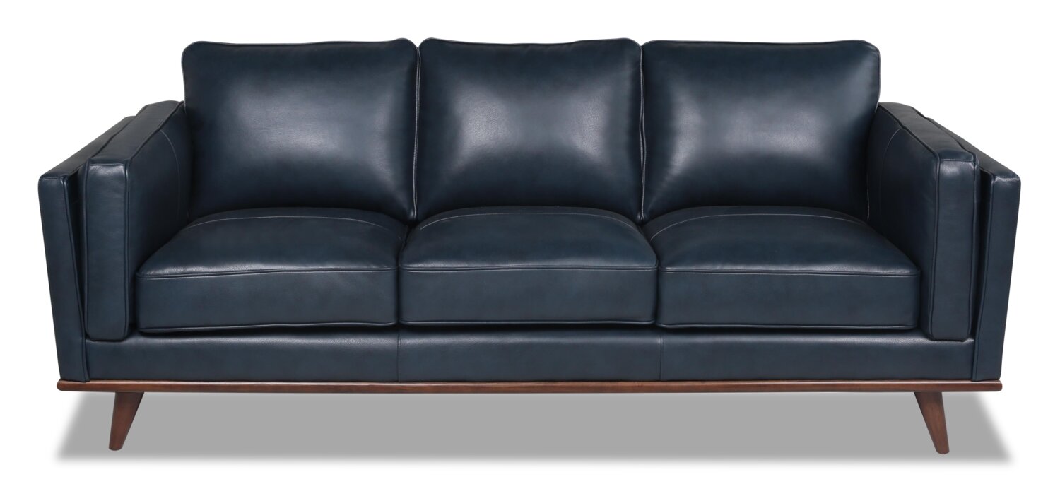 Vivia 86 Navy Blue Genuine Leather Sofa with Wood Trim and Legs The Brick