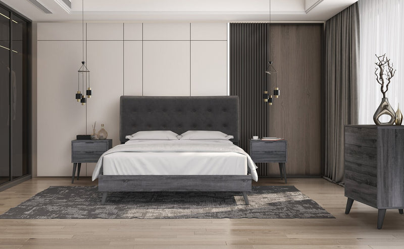 Nash Upholstered Platform Bed in Dark Grey Fabric, Button Tufted - King Size