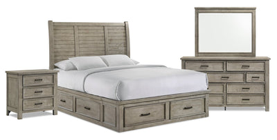Levi 6pc Bedroom Set with Storage Bed, Dresser, Mirror & Nightstand, Wooden, Drift Grey - Queen Size | Ensemble de chambre à coucher Levi 6 pièces en bois avec lit de rangement, commode, miroir et table de nuit, gris bois de grève - format grand lit